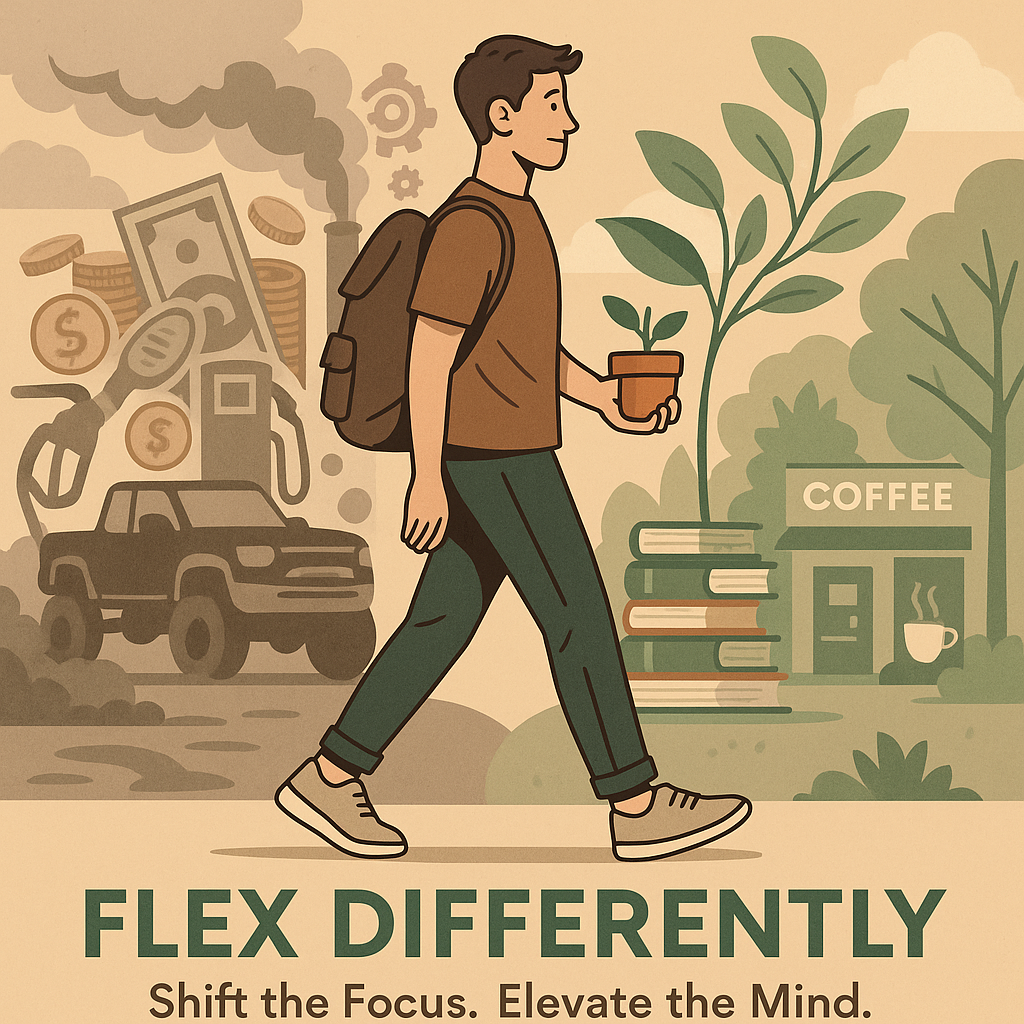 Illustration symbolizing FlexDifferently.com’s mission: a man walks from a cluttered, materialistic environment with a lifted truck and dollar signs toward a peaceful scene with nature, books, and coffee, carrying a plant and wearing a calm expression.